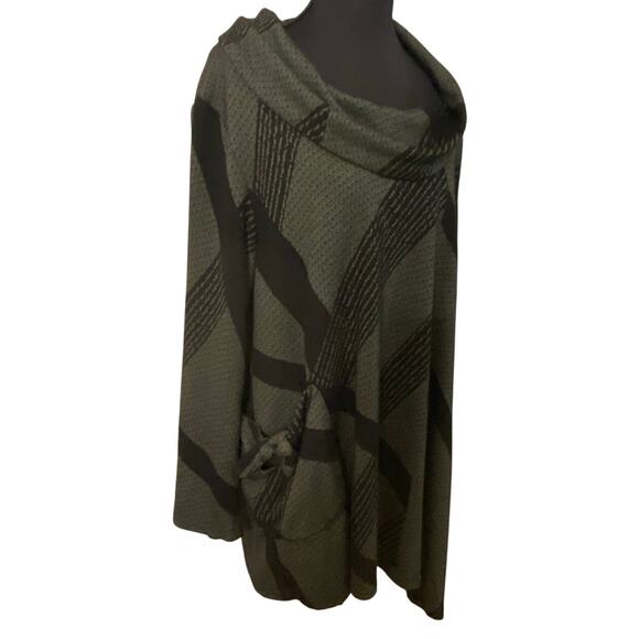 Yushi Lagenlook Asymmetrical Tunic Top Green Black Cowl Neck Pocket Medium Large - Picture 2 of 9